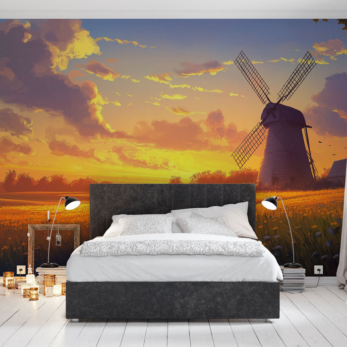 Falikép szélmalom | Romantikus naplemente táj szélmalommal