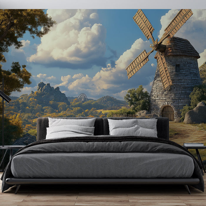 Carta da parati mulino | Scena bucolica con un mulino a vento e un paesaggio tranquillo