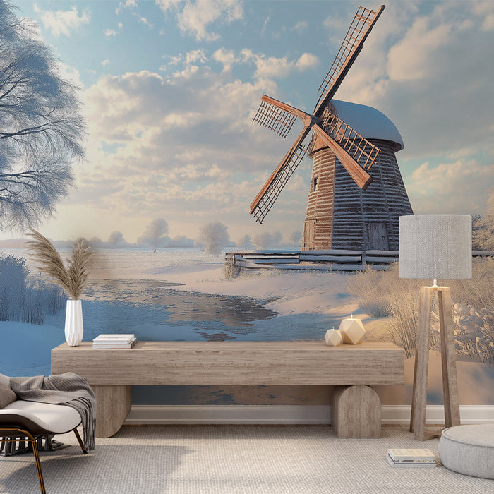 Carta da parati mulino | Scena invernale di un mulino in un paesaggio innevato