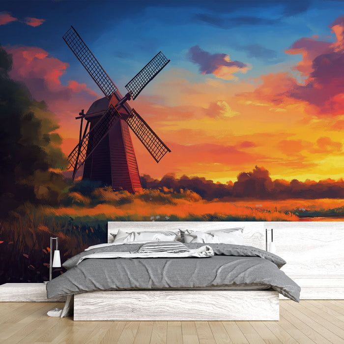 Фототапет mill | Спокойна сцена на мелница по залез слънце