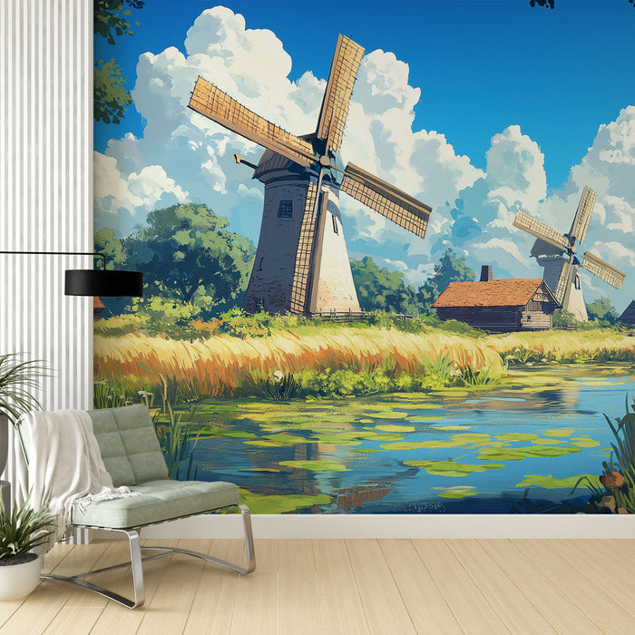 Carta da parati mulino a vento | Scena tranquilla di mulini a vento nel cuore della natura