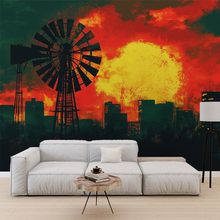 Tapeta mlýn | Silueta mlýna při ohnivém západu slunce