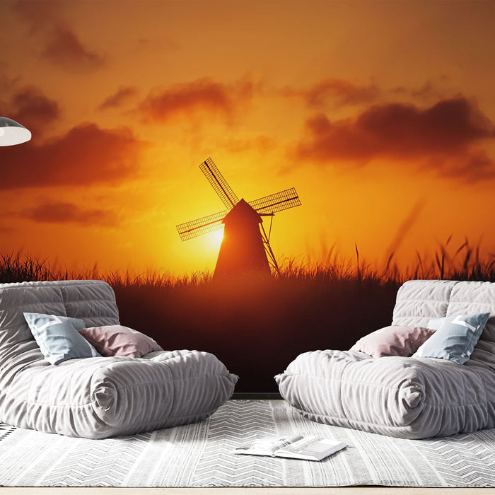 Фототапетна мелница | Силует на мелница по залез слънце
