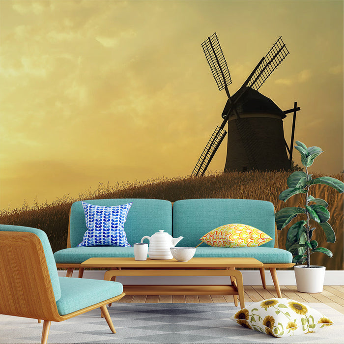 Carta da parati mulino a vento | Un tranquillo mulino a vento al tramonto