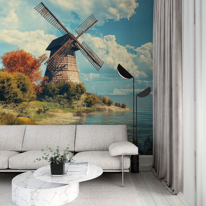 Tapeta mlýn | Dřevěný mlýn obklopený bujnou přírodní krajinou