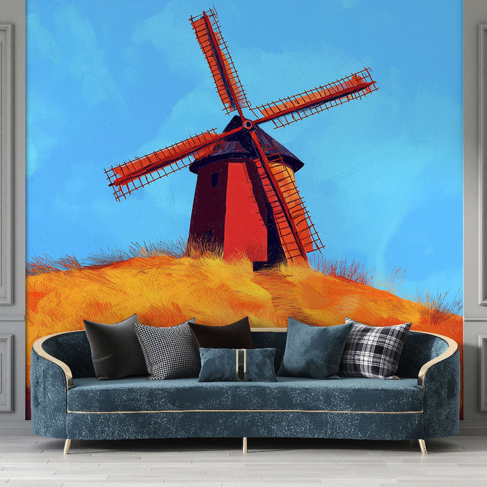 Mural Wallpaper mill | A mill with a colorful background and golden fields
