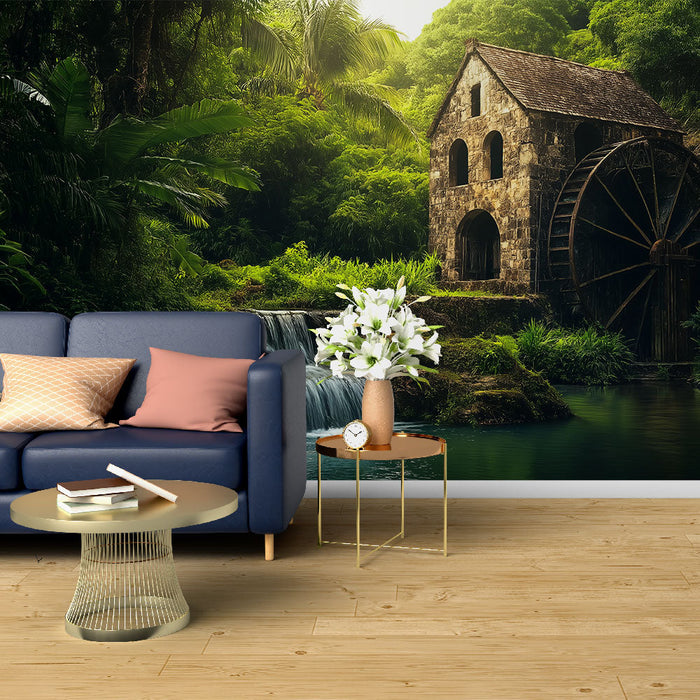 Freskó tapéta malom | Egy idilli jelenet vízimalommal és vízeséssel