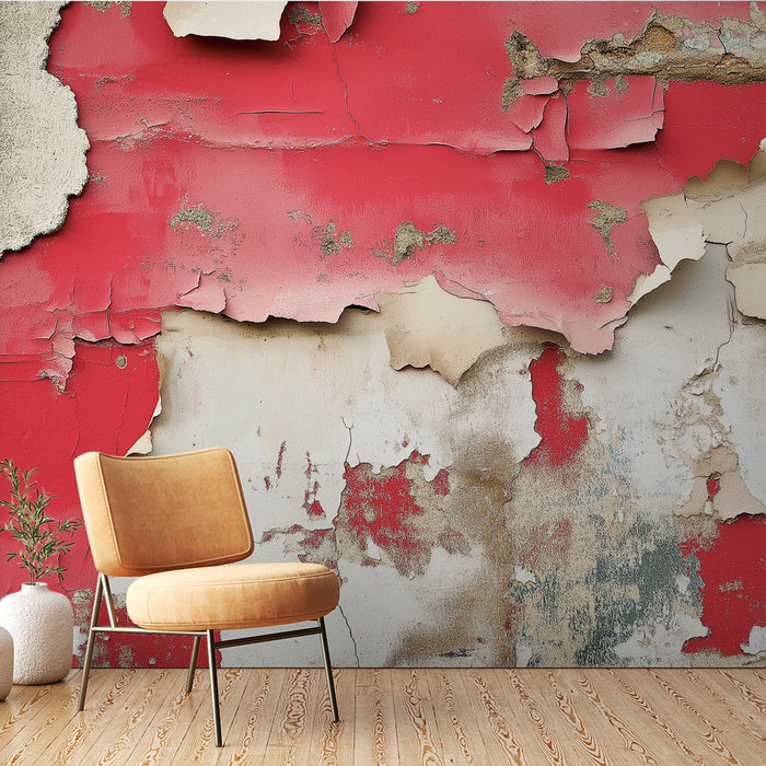 Mural Wallpaper damaged wall | Red and beige textured wall with peeling paint