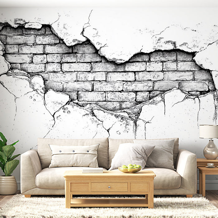 Mural Wallpaper brick wall | Realistic details of a chipped wall with exposed bricks