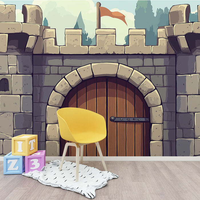 Mural Wallpaper medieval wall | A massive wooden door and solid stone architecture