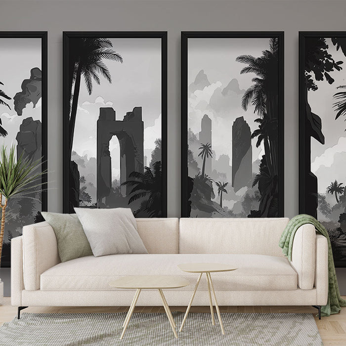 Fotótapéta utánzat tájkép | Rejtélyes fekete-fehér tájkép ősi romokkal