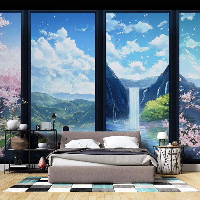 Tapet peisaj liniștitor | Vedere serenă a munților și florilor de cireș