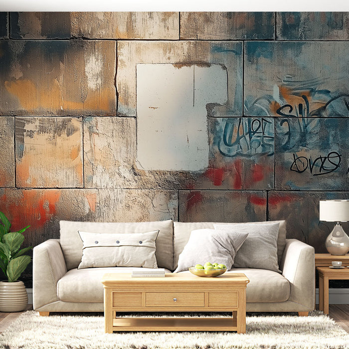 Tapetti urban | Tiiliseinä, jossa on värikästä graffitia ja maalijälkiä