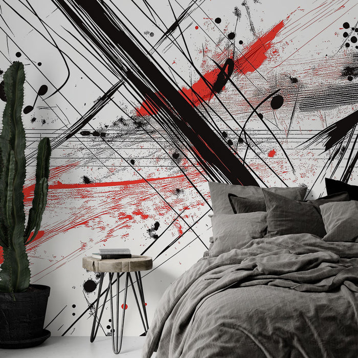 Μουσική ταπετσαρία τοίχου | Αφηρημένο σχέδιο με νότες και κόκκινες πιτσιλιές