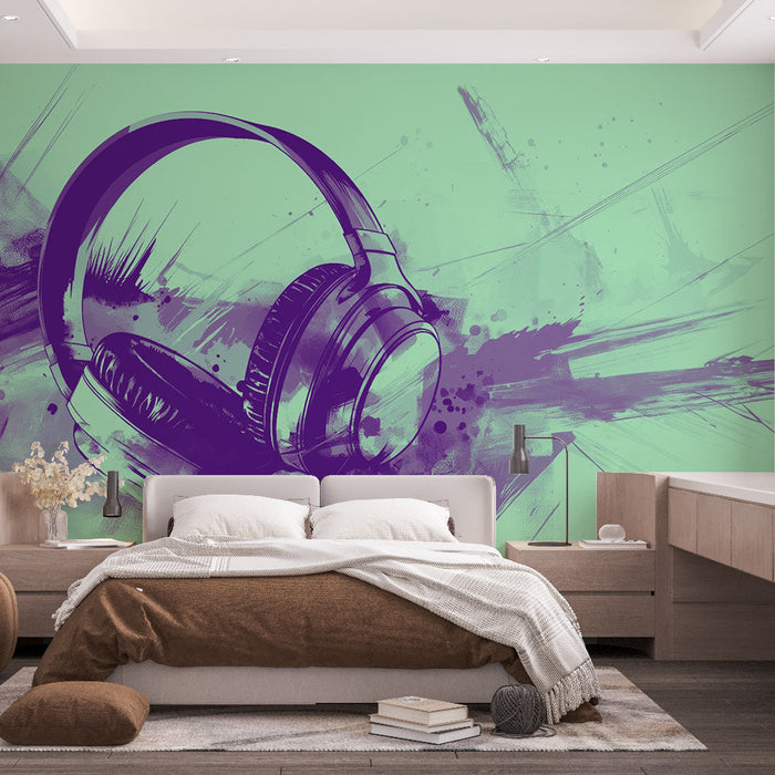 Papel de parede musical | Fone de ouvido estilo grafite mentol