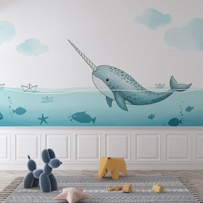 Papel pintado narval | Un adorable narval nadando entre nubes ligeras y barcos de papel