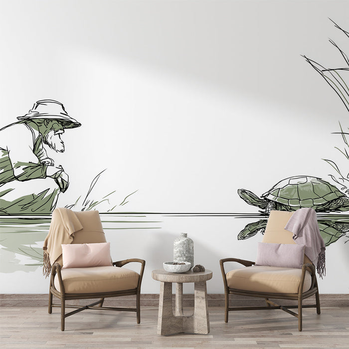 Fotótapéta békés természet | Ábrázolás egy idős férfiról és egy teknősről a víz mellett