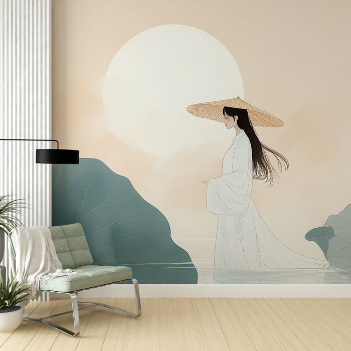 Falfestmény álomszerű természet | Elegáns nő egy tó szélén egy szelíd ég alatt