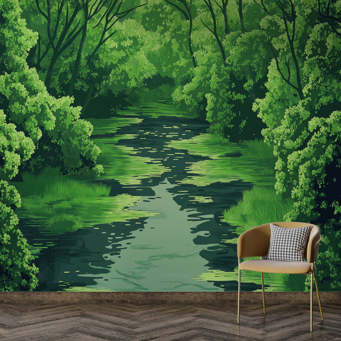 Carta da parati natura | Fitta vegetazione che circonda un fiume verde