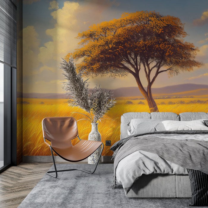 Mural Wallpaper | Golden field with a majestic tree