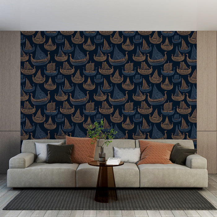 Tapéta hajók | Elegáns hajó minták sötétkék háttéren