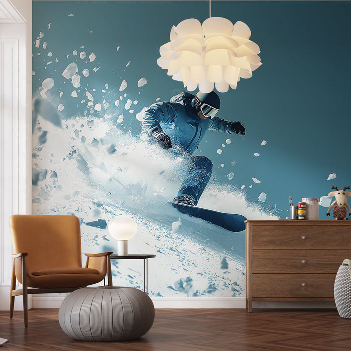 Carta da parati neve | Uno sciatore che scia lungo una pista innevata sotto un cielo sereno