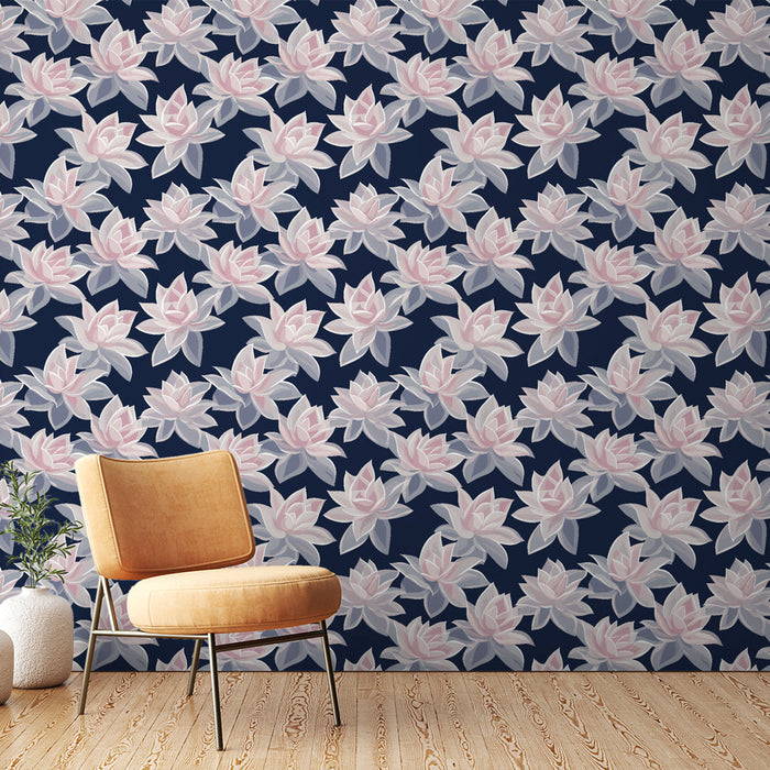 Papel de parede nénuphar | Elegantes motivos de ninfas em um fundo azul-marinho