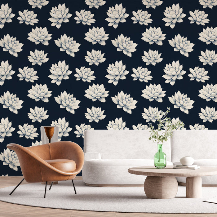 Tapete νούφαρο | Λευκά νούφαρα σε μοτίβο μπλε μεσονύχτα φόντου