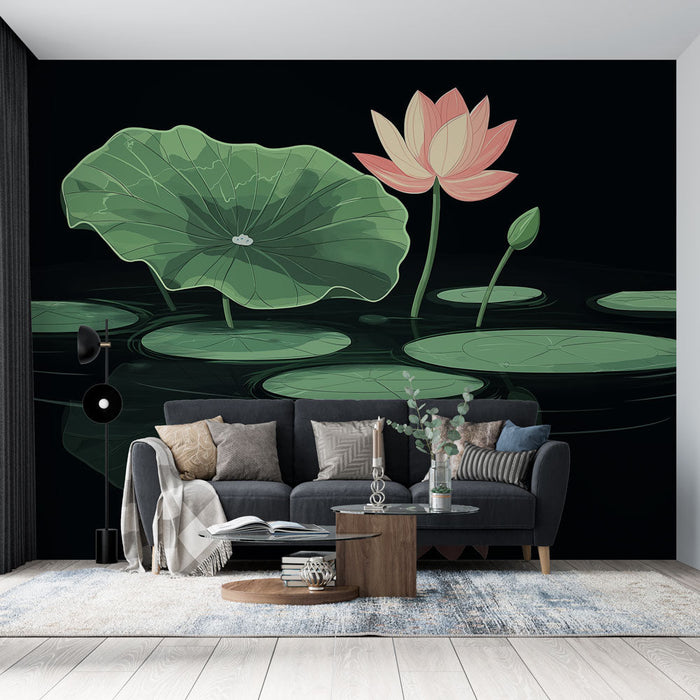 Tapet nuferi | Flori elegante de lotus și frunzele lor pe un fundal întunecat