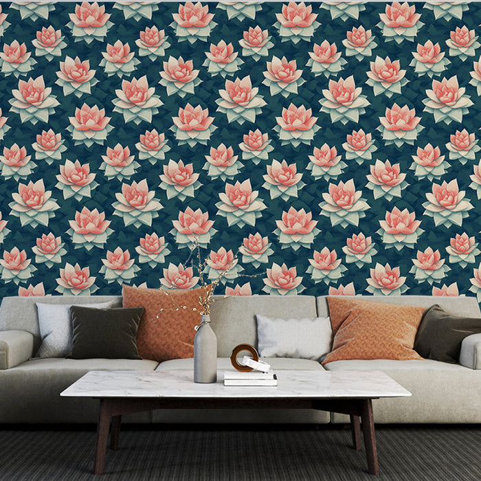 Fototapet vandliljer | Lyserødt vandliljemønster på mørkeblå baggrund