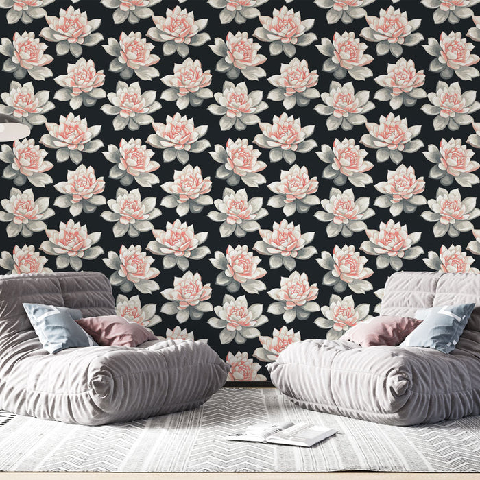 Fototapet vattenliljor | Rosa vattenliljemönster på svart bakgrund