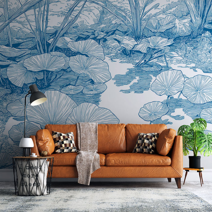 Mural Wallpaper water lilies | Delicate motif of water lilies and aquatic foliage in blue