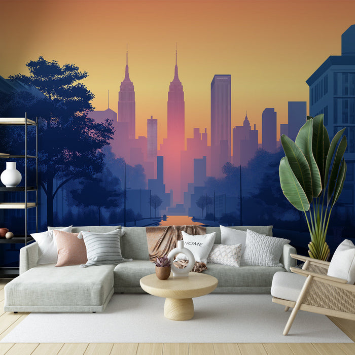 Tapete New York bei Dämmerung | Ikonischer Skyline-Blick mit friedlichen Reflexionen