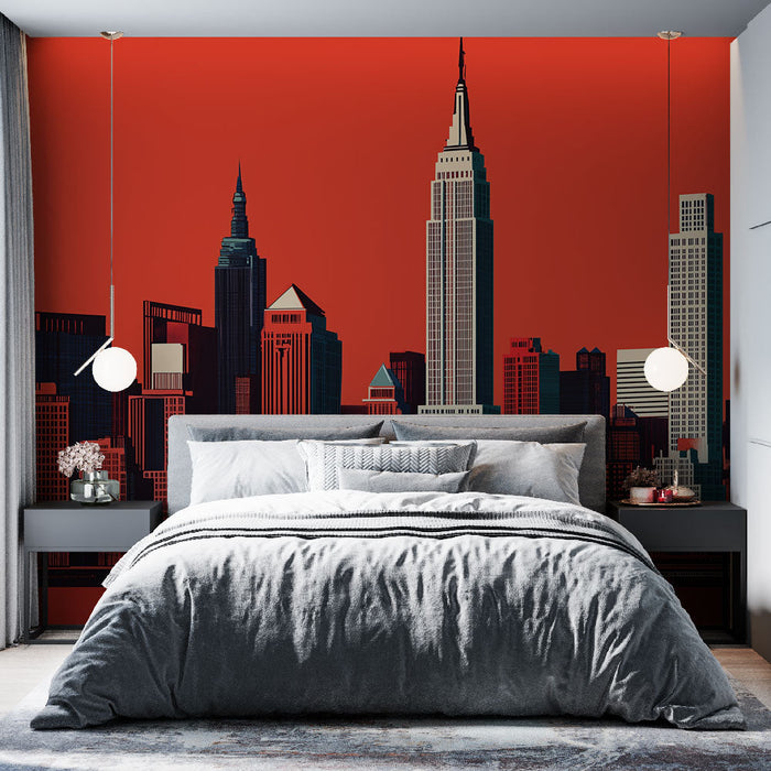 Tapeta New York | Umělecký silueta mrakodrapů New Yorku na červeném pozadí