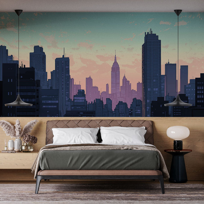 Fototapete New York | Silhouette der Stadt in der Abenddämmerung mit einem pastellfarbenen Himmel
