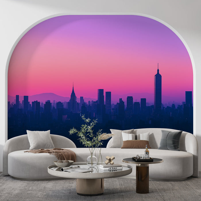 Fototapet New York | Silhuet af skyskrabere ved skumring med gradient af farver