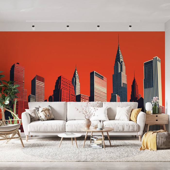 Papel pintado Nueva York | Siluetas icónicas de rascacielos en un fondo vibrante