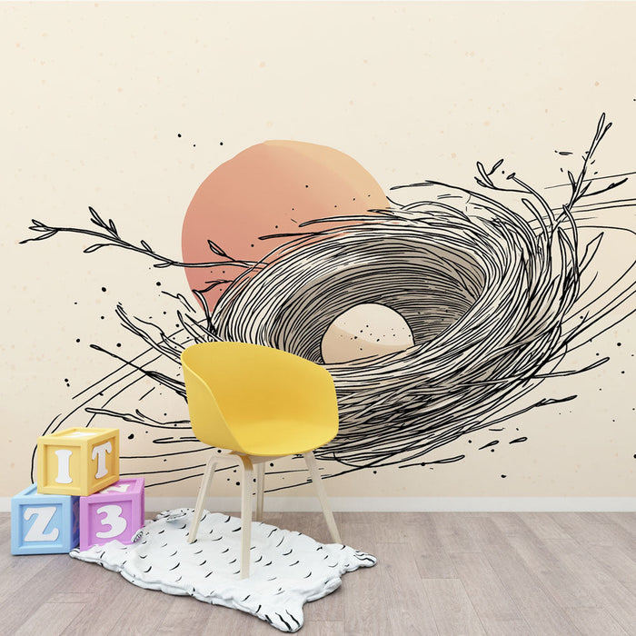 Fototapet gnijezdo ptice | Delikatna ilustracija gnijezda s jajetom na izlasku sunca