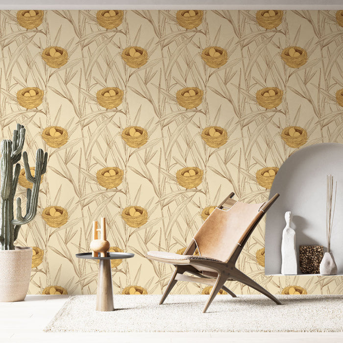 Tapet cu păsări și cuiburi | Model delicat de cuiburi cu ouă aurii și frunziș subtil