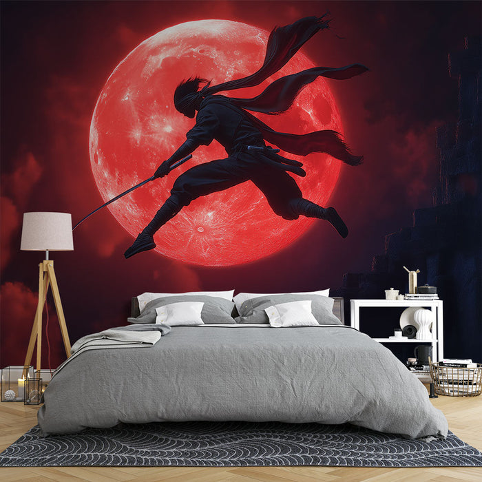 Mural Wallpaper ninja under the full moon | Acrobatic ninja in front of a bright red moon