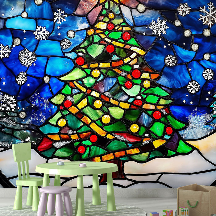 Papel pintado Navideño | Árbol de Navidad de Vidriera en un Fondo Invernal