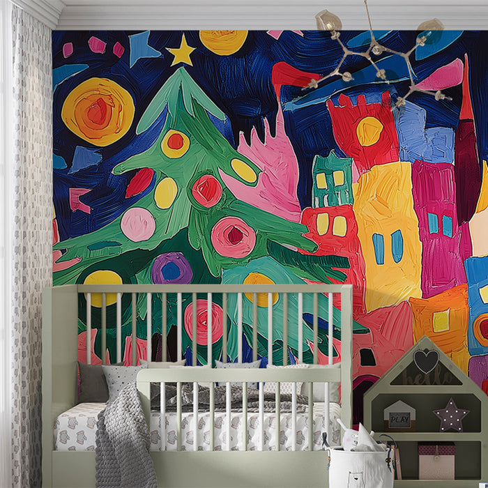 Mural Wallpaper Christmas colorful | Festive scene with a tree and vibrant houses