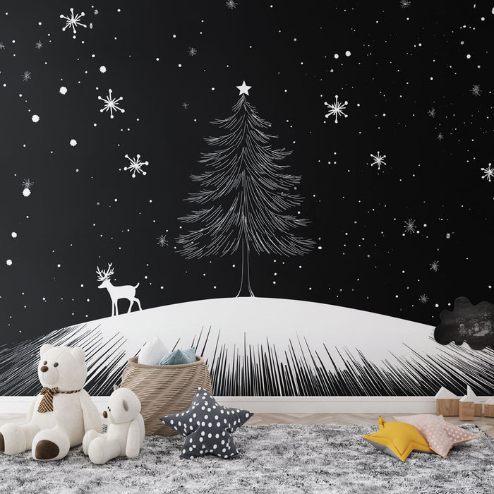 Mural Wallpaper Christmas | Minimalist winter scene with reindeer and tree