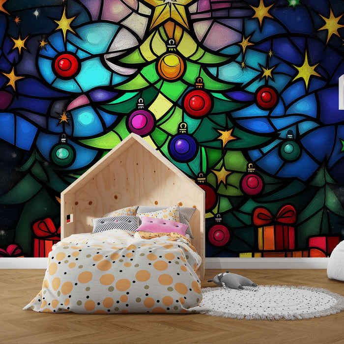 Mural Wallpaper Christmas stained glass | Colorful Christmas tree with stars and gifts