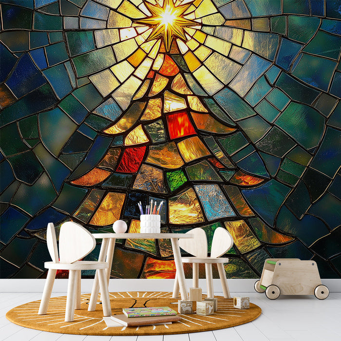 Mural Wallpaper Christmas | Fargerikt glassmaleri som viser et juletre