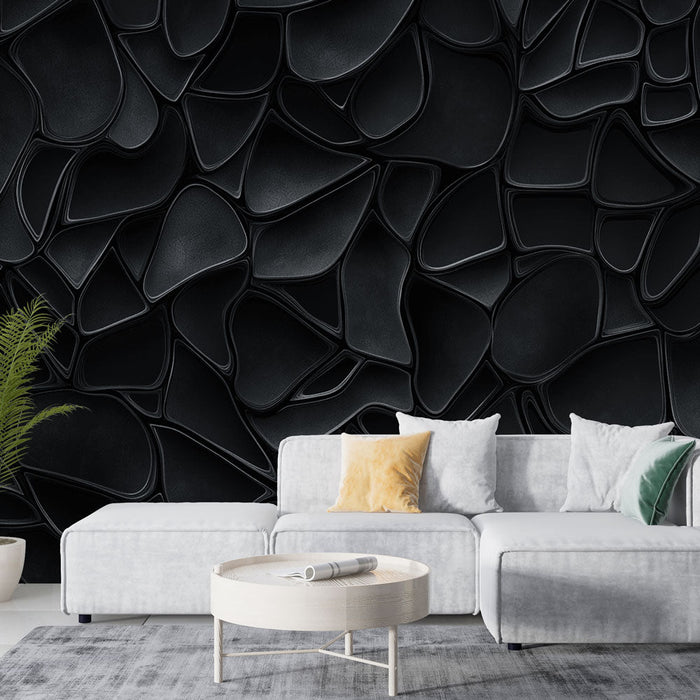 Abstract black mural wallpaper | Embossed wavy pattern on a black background