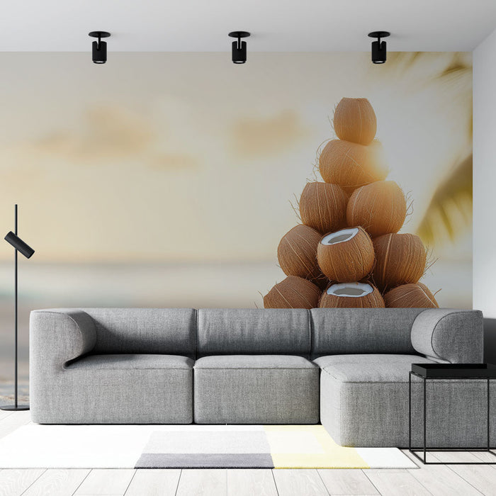 Tapeta kokos | Artystyczna kompozycja kokosa na plaży