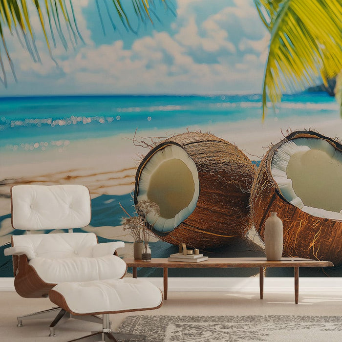 Fototapet kokosnoed | Åbne kokosnødder på en solrig tropisk strand