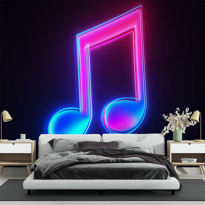 Mural Wallpaper music notes | Colorful neon music notes pattern on dark background