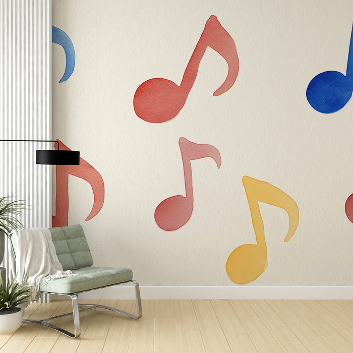 Fototapet musiknoter | Farverige akvarelmønstre af musiknoter på en lys baggrund